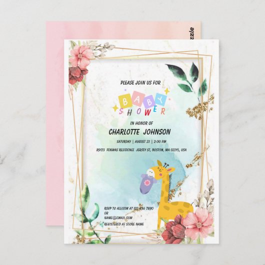 Kleding met giraffe, Boho Floral Baby shower Briefkaart (Voorkant / Achterkant)