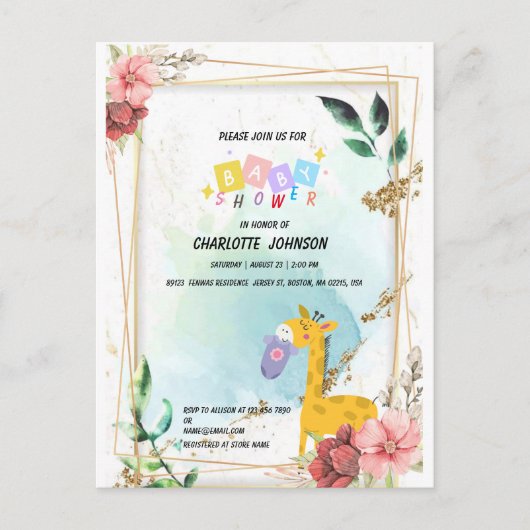 Kleding met giraffe, Boho Floral Baby shower Briefkaart (Voorkant)