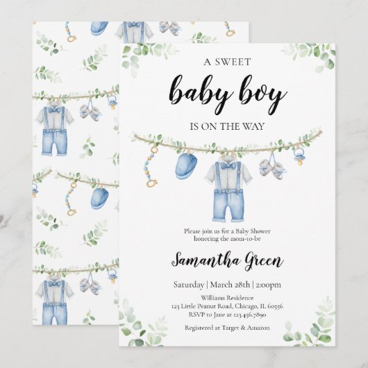 Kleding voor een jongen Babyfeestje Kaart (Voorkant / Achterkant)