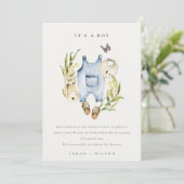 Kleding voor jongen baby aankondiging met blauwe b (Staand voorkant)