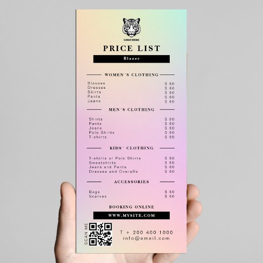 Kleding Winkel Prijs Lijst Roze Holografisch Reclamekaart