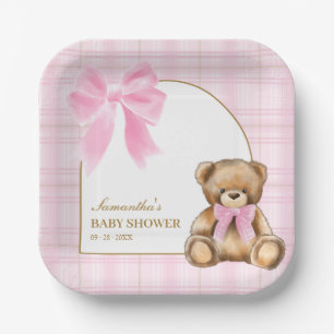 Kledingkleurige teddybeer roze ruit baby shower bo papieren bordje