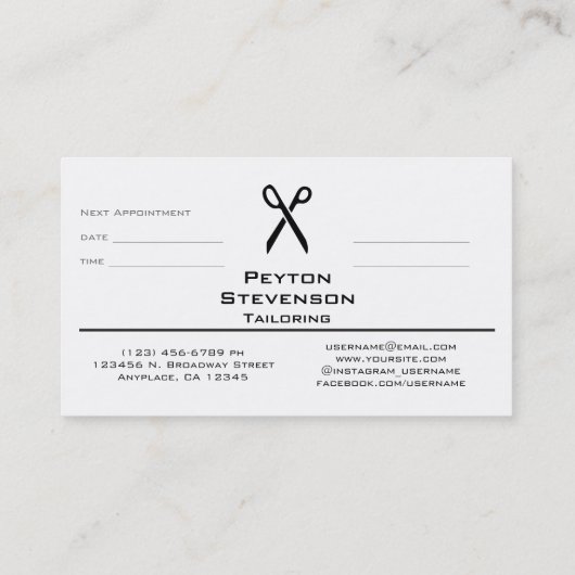 Kleermaker of kledingmaker afsprakenkaartje (Achterkant)