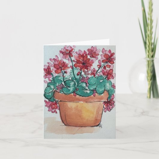 Klei pot waterverf rode geraniums- gevouwen leeg kaart (Voorkant)