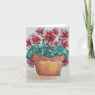 Klei pot waterverf rode geraniums- gevouwen leeg kaart
