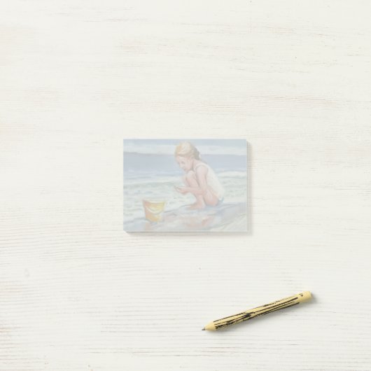 Klein beachcomber meisje met gele emmer post-it® notes (Op bureau)