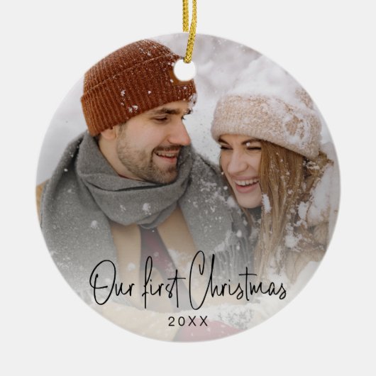 Klein Bedrijf Cliënt Gift "Onze Eerste Kerstmis" Keramisch Ornament (Voorkant)