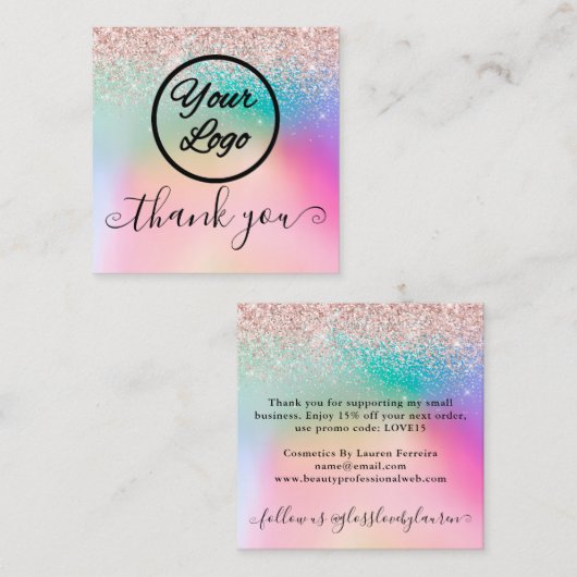Klein Bedrijf Dank u Roos Gouden Glitter Regenboog Vierkante Visitekaartje (Voorkant / Achterkant)