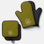 Klein Bedrijf Promotie Aangepaste Logo Olijfgroen Ovenwant & Pannenlap Set (Voorkant / Achterkant)