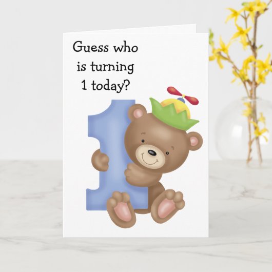 Klein Beer Kinder eerste verjaardag Kaart (Gele Bloem)