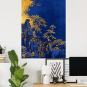 Klein Blauw Chinees Borduurwerk Ambacht van Goud P Poster (Thuiskantoor)
