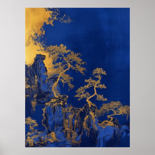 Klein Blauw Chinees Borduurwerk Ambacht van Goud P Poster (Voorkant)