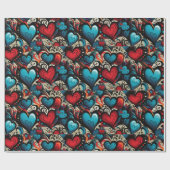 Klein Blauw Rozen Tattoo Harten Digitaal thema Cadeaupapier (Vlak)