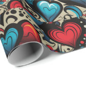 Klein Blauw Rozen Tattoo Harten Digitaal thema Cadeaupapier (Rol Hoek)