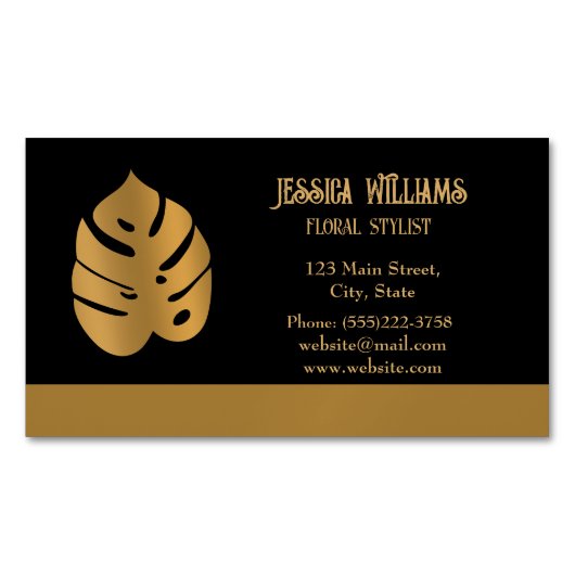 Klein Bronze Bloem Monstera Bladeren op zwart Magnetisch Visitekaartje (Voorkant)