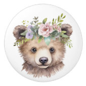 Klein bruin Beer met bloemhoofddeksel Keramische Knop (Voorkant)