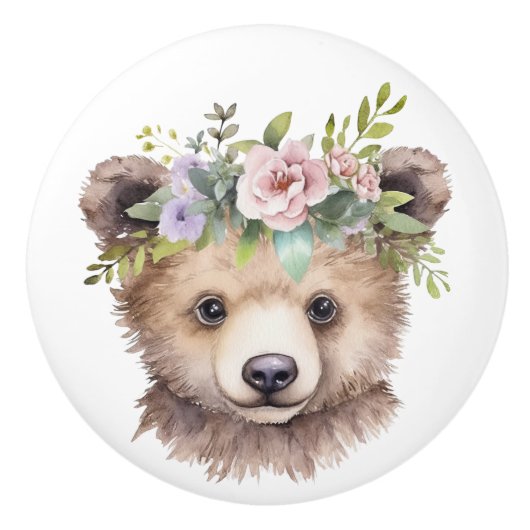 Klein bruin Beer met bloemhoofddeksel Keramische Knop (Voorkant)