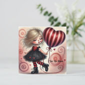 Klein cartoon valentijnsmeisje met ballon feestdagenkaart (Staand voorkant)