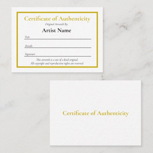 Klein Certificaat van Echtheid Sjabloon voor Kunst (Voorkant / Achterkant)