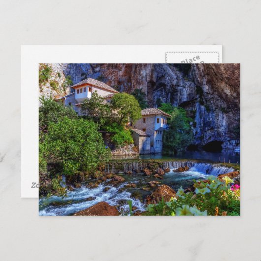 Klein dorp Blagaj op Buna waterfall, Bosnië en Briefkaart (Voorkant / Achterkant)