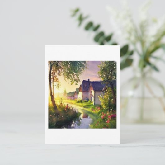 klein dorpje bij een stroom briefkaart (Staand voorkant)