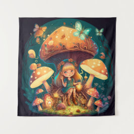 Klein elfenmeisje tussen paddenstoelen wandkleed
