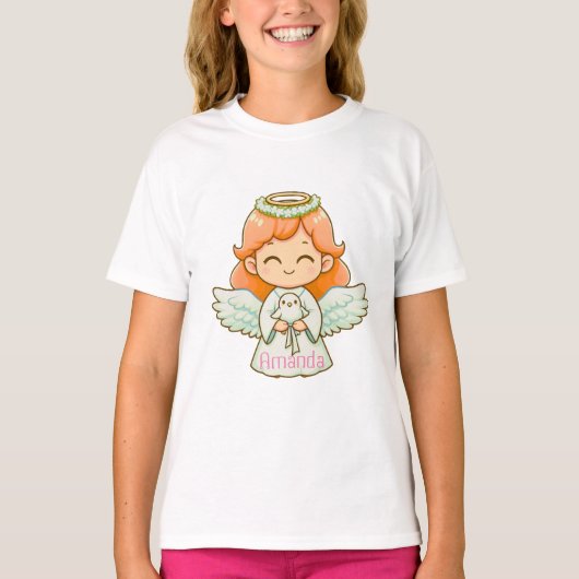 Klein engel meisje en vogel t-shirt (Voorkant)