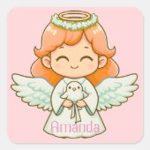 Klein engel meisje en vogel vierkante sticker (Voorkant)