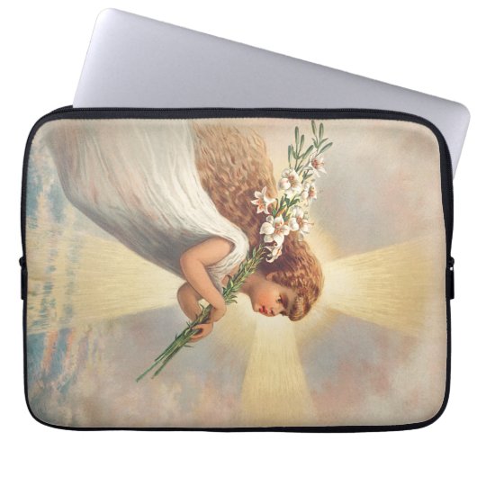 Klein engeltje dat lelies vasthoudt laptop sleeve (Voorkant)