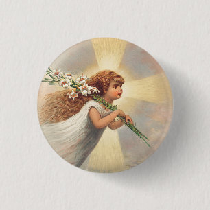 Klein engeltje dat lelies vasthoudt ronde button 3,2 cm