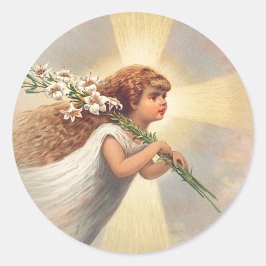 Klein engeltje dat lelies vasthoudt ronde sticker (Voorkant)