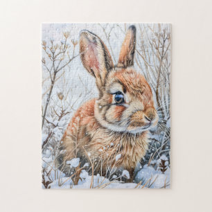 Klein haasje in besneeuwd veld. Konijn Bunny Legpuzzel