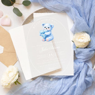 Klein Hart Blauw Gingham Teddybeer Baby Shower Acryl Uitnodigingen