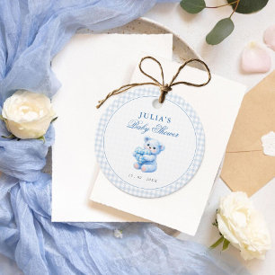 Klein Hart Blauw Gingham Teddybeer Baby Shower Bedankjes Labels