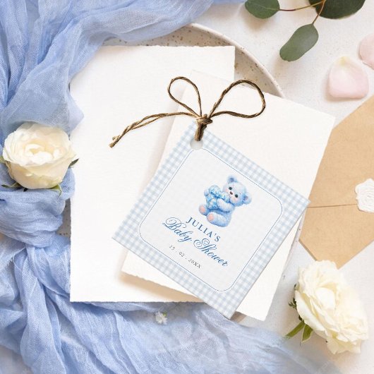 Klein Hart Blauw Gingham Teddybeer Baby Shower Bedankjes Labels
