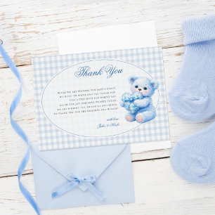 Klein Hart Blauw Gingham Teddybeer Baby Shower Bedankkaart