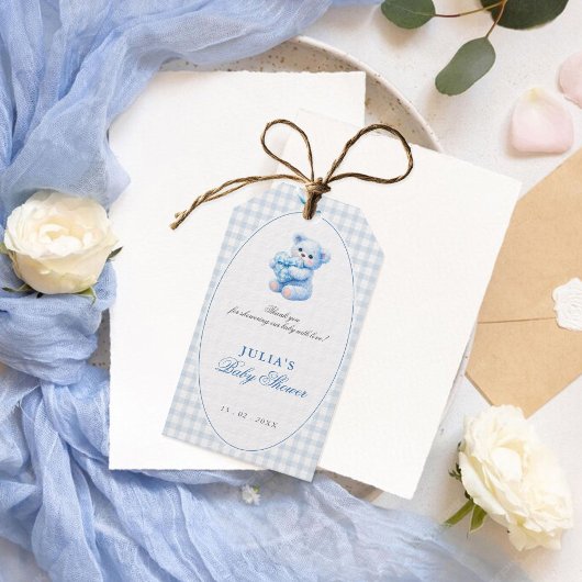 Klein Hart Blauw Gingham Teddybeer Baby Shower Cadeaulabel