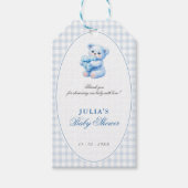 Klein Hart Blauw Gingham Teddybeer Baby Shower Cadeaulabel (Voorkant)