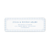 Klein Hart Blauw Gingham Teddybeer Baby Shower Etiket (Voorkant)