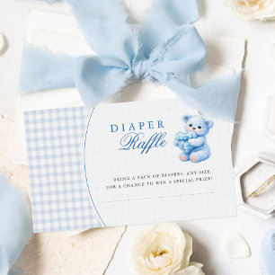 Klein Hart Blauw Gingham Teddybeer Baby Shower Informatiekaartje