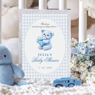 Klein Hart Blauw Gingham Teddybeer Baby Shower Kaart