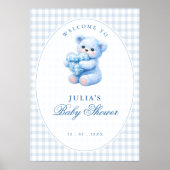 Klein Hart Blauw Gingham Teddybeer Baby Shower Poster (Voorkant)