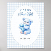 Klein Hart Blauw Gingham Teddybeer Baby Shower Poster (Voorkant)