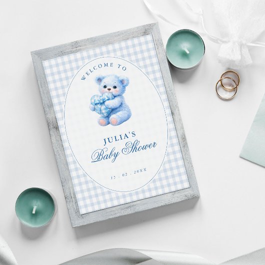 Klein Hart Blauw Gingham Teddybeer Baby Shower Poster