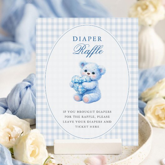 Klein Hart Blauw Gingham Teddybeer Baby Shower Poster