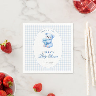 Klein Hart Blauw Gingham Teddybeer Baby Shower Servet