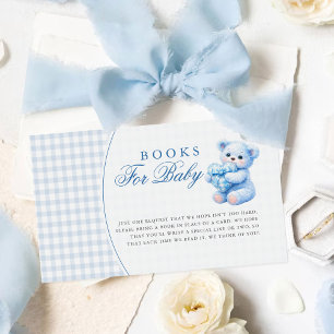 Klein Hart Blauw Gingham Teddybeer Babyshower Informatiekaartje