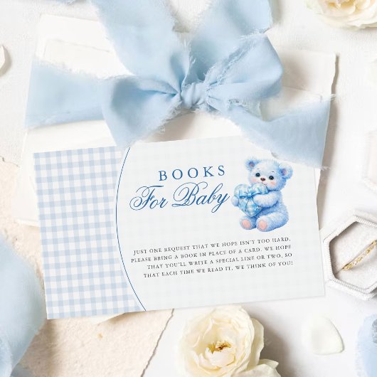Klein Hart Blauw Gingham Teddybeer Babyshower Informatiekaartje