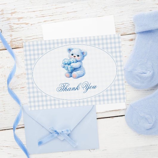 Klein Hart Blauw Gingham Teddybeer Babyshower Kaart