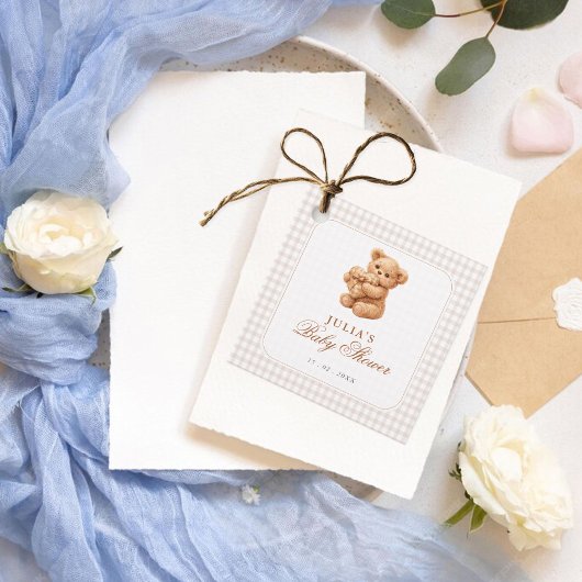Klein Hart Bruine Gingham Teddybeer Baby Shower Bedankjes Labels